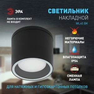 Светильник настенно-потолочный спот ЭРА WL40 BK GX53, черный, IP54